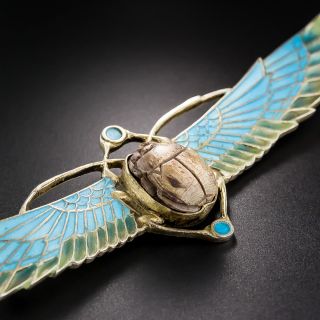 Plique-a-Jour Enamel Egyptian Revival Scarab Brooch in Silver