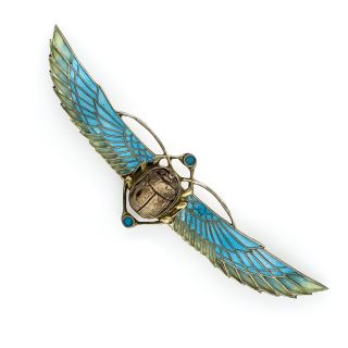 Plique-a-Jour Enamel Egyptian Revival Scarab Brooch in Silver