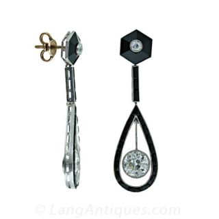 Pristine Art Deco Onyx and Diamond Drop Earrings