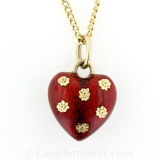 Puffed, Red Enameled Heart Pendant