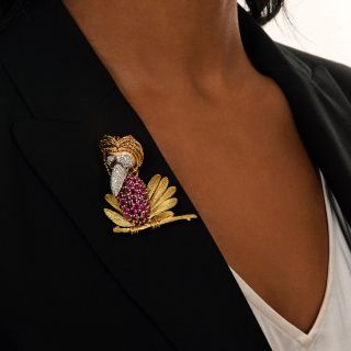 Quirky Diamond and Ruby Bird Brooch