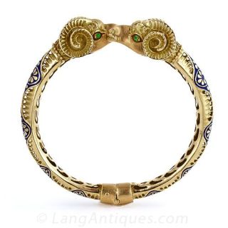 Ram's Head Enameled Gold Bangle Bracelet