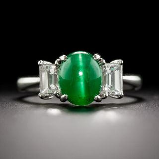 Rare Cat's Eye Cabochon Emerald and Diamond Ring - 1
