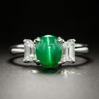 Rare Emerald Cat's Eye Cabochon and Diamond Ring - 2