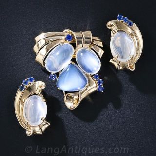 Raymond Yard Moonstone and Sapphire Earrings and Brooch