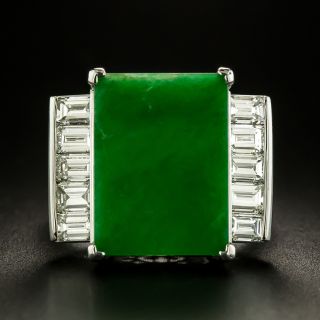 Rectangular Natural Burmese Jade and Diamond Ring - 2
