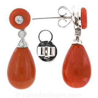Reddish Orange Coral and Diamond Drop Earrings