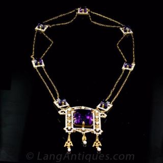 Renaissance Revival Amethyst, Pearl and Enamel Necklace