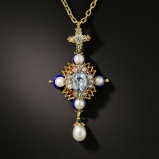 Renaissance Revival Sapphire, Diamond, Enamel and Pearl Pendant - 1