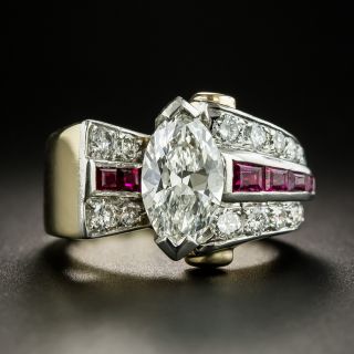 Retro 1.71 Carat Marquise Diamond Ruby Ring - GIA G SI1 - 2