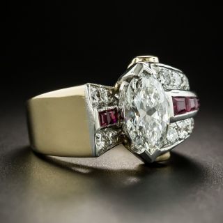 Retro 1.71 Carat Marquise Diamond Ruby Ring - GIA G SI1