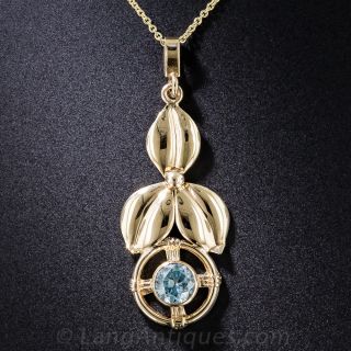 Retro 14K Gold and Blue Zircon Pendant