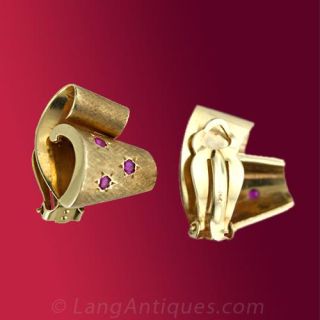 Retro 14k Gold and Ruby Earclips