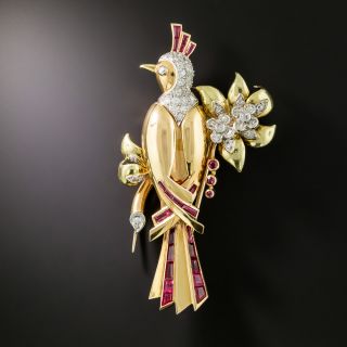 Retro 18K Diamond and Ruby Bird Pin - 1