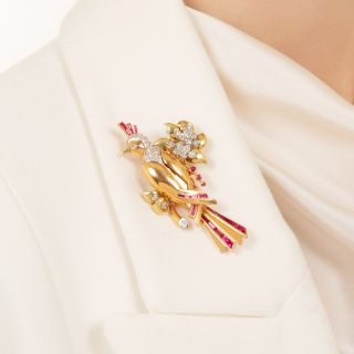 Retro 18K Diamond and Ruby Bird Pin
