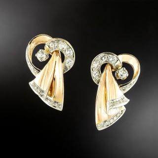 Retro 18K/Platinum Diamond Ribbon Earrings - 2