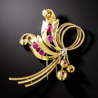 Retro 18K Ruby And Diamond Brooch - 2