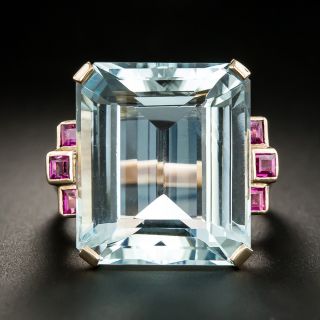 Retro 22.00 Carat Aquamarine and Ruby Rose Gold Ring - 2
