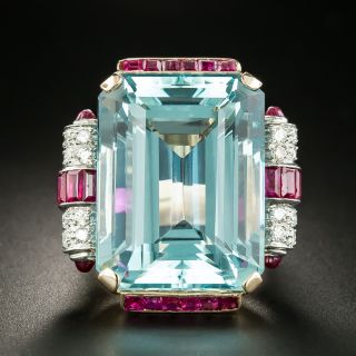 Retro 44 Carat Aquamarine, Diamond and Ruby Ring - 6
