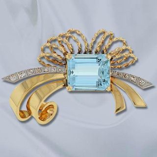 Retro Aquamarine and Diamond Brooch