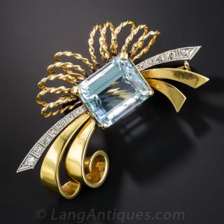 Retro Aquamarine and Diamond Brooch