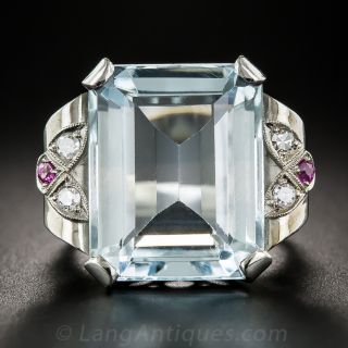 Retro Aquamarine Palladium Ruby and Diamond Ring - 2