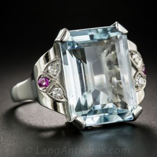 Retro Aquamarine Palladium Ruby and Diamond Ring