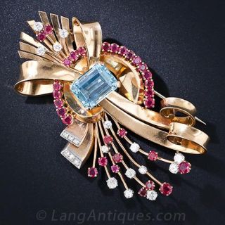 Retro Aquamarine, Ruby and Diamond Brooch