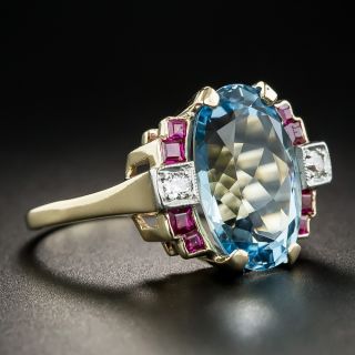 Retro Aquamarine Ruby and Diamond Ring