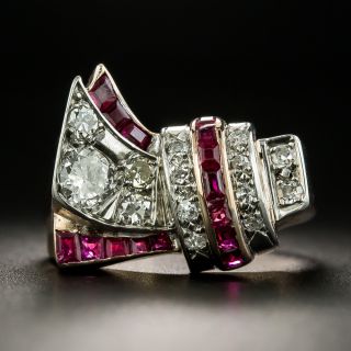 Retro Assymetrical Diamond and Ruby Ring - 2