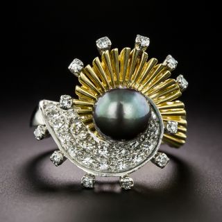 Retro Atomic Black Pearl and Diamond Ring - 2