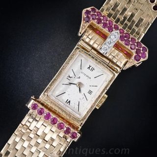 Retro Buckle Bracelet Watch with Rubies and Diamonds - 1