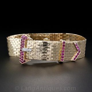 Retro Buckle Bracelet Watch with Rubies and Diamonds