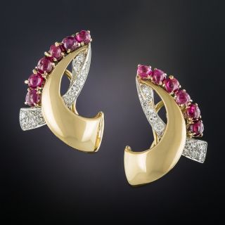 Retro Cabochon Ruby and Diamond Earrings - 2