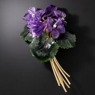 Retro Carved Amethyst and Nephrite Flower Brooch, Austria - 2