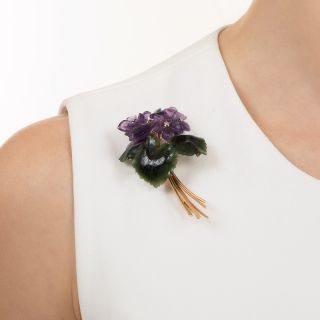 Retro Carved Amethyst and Nephrite Flower Brooch, Austria