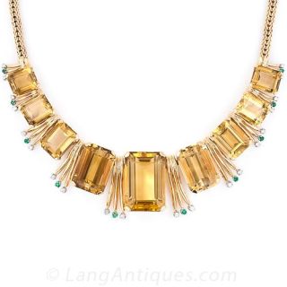 Retro Citrine, Emerald and Diamond Necklace 