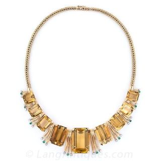 Retro Citrine, Emerald and Diamond Necklace 