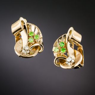 Retro Demantoid Garnet and Diamond Earrings - 2