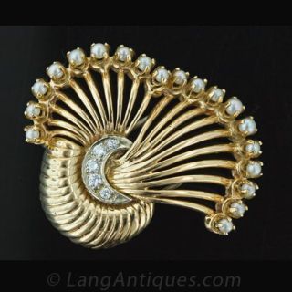 Retro Diamond and Pearl Clip Brooch Main View