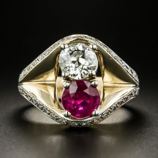 Retro Diamond and Ruby Toi Et Moi Ring - GIA - 2