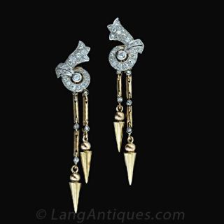 Retro Gold and Diamond Drop Earrings Main View