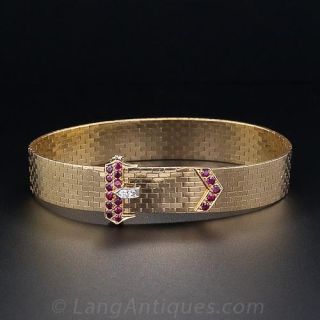 Retro Gold Diamond & Ruby Buckle Bracelet and Ring