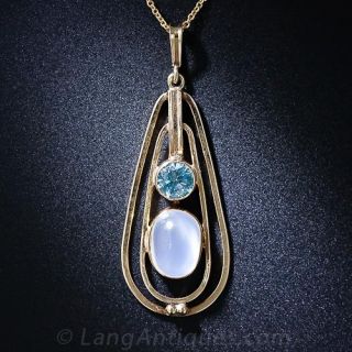Retro Gold Moonstone and Zircon Pendant