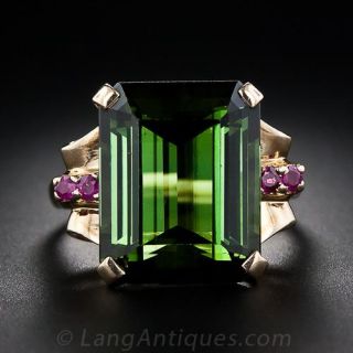 Retro Green Tourmaline and Ruby Ring