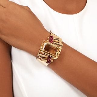 Retro Large Citrine and Ruby Bracelet