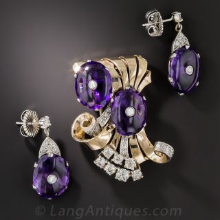 Retro/Mid-Century Amethyst Brooch and Earrings - 2