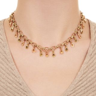 Retro Rose and Green Gold Fancy Link Fringe Necklace