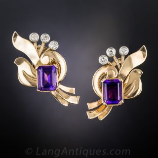 Retro Rose Gold, Amethyst and Diamond Earclips