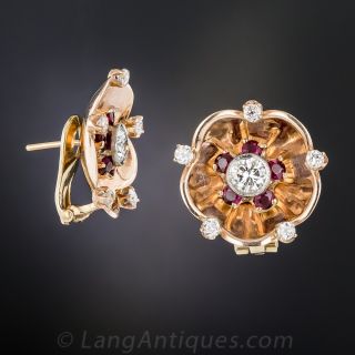 Retro Rose Gold, Diamond and Ruby Earrings